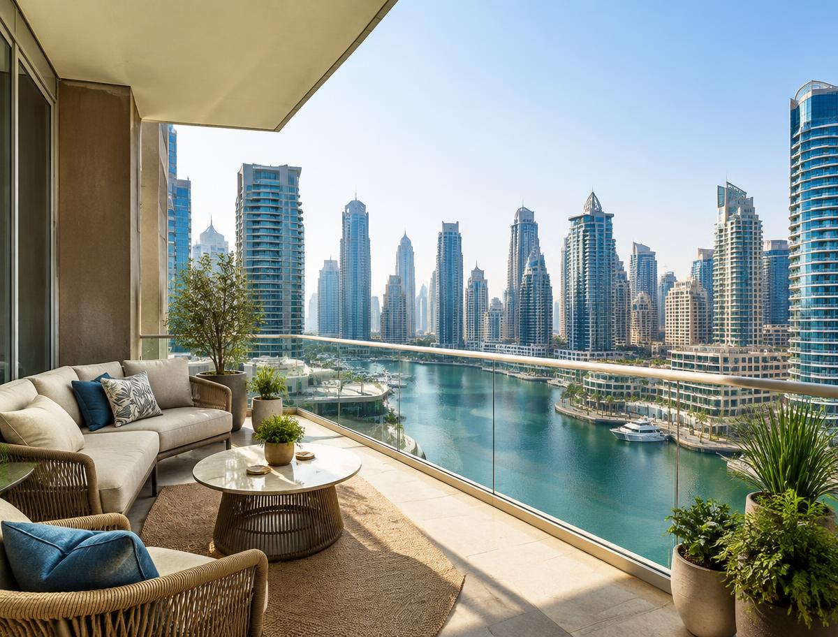 Appartementbalkon met uitzicht over Dubai Marina